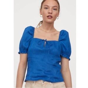 H&M Vibrant Blue Puff Sleeve Blouse linen medium